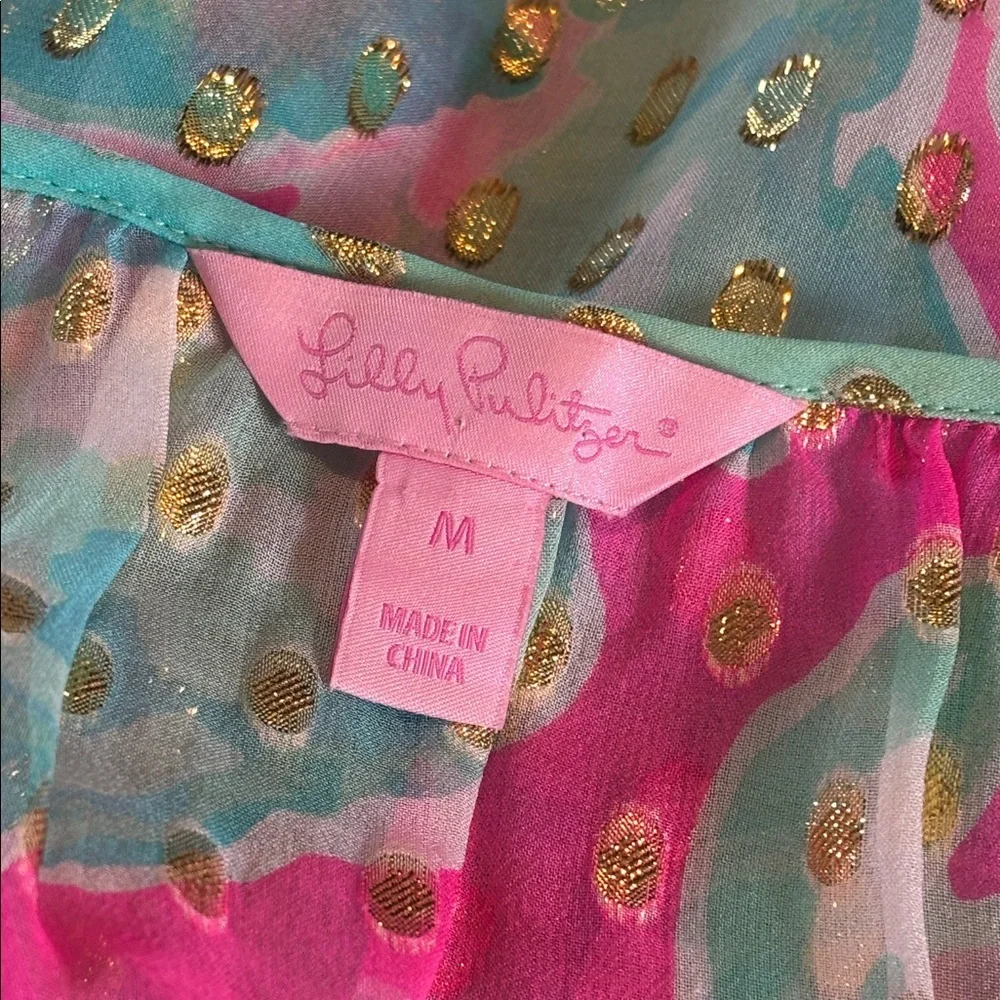 Lilly Pulitzer pink & blue silk blend blouse w/ gold details * sz MED - Picture 5 of 10